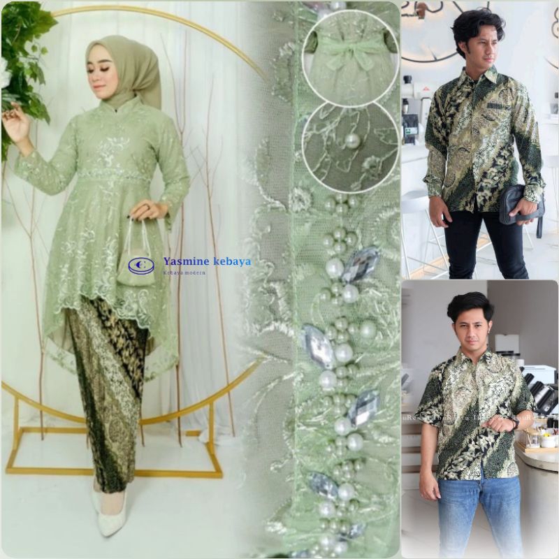 Jual Setelan Baju Kebaya Lesti Sage Green Set Kemeja Batik Pria Motif