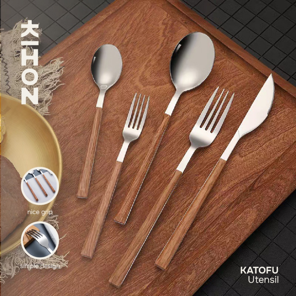 Jual KIHON KATOFU Cutlery Set Sendok Garpu Pisau Stainless Gagang Kayu