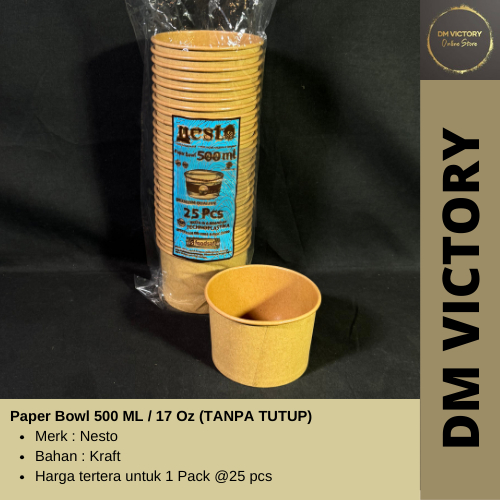 Jual Paper Bowl Kraft 500ml NESTO Isi 25 Pcs Tanpa Tutup Coklat