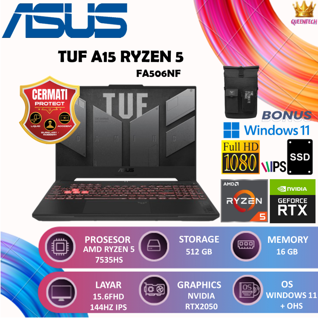 Jual Laptop ASUS TUF A15 FA506NF RYZEN 5 7535HS RTX2050 4GB 16GB 512GB