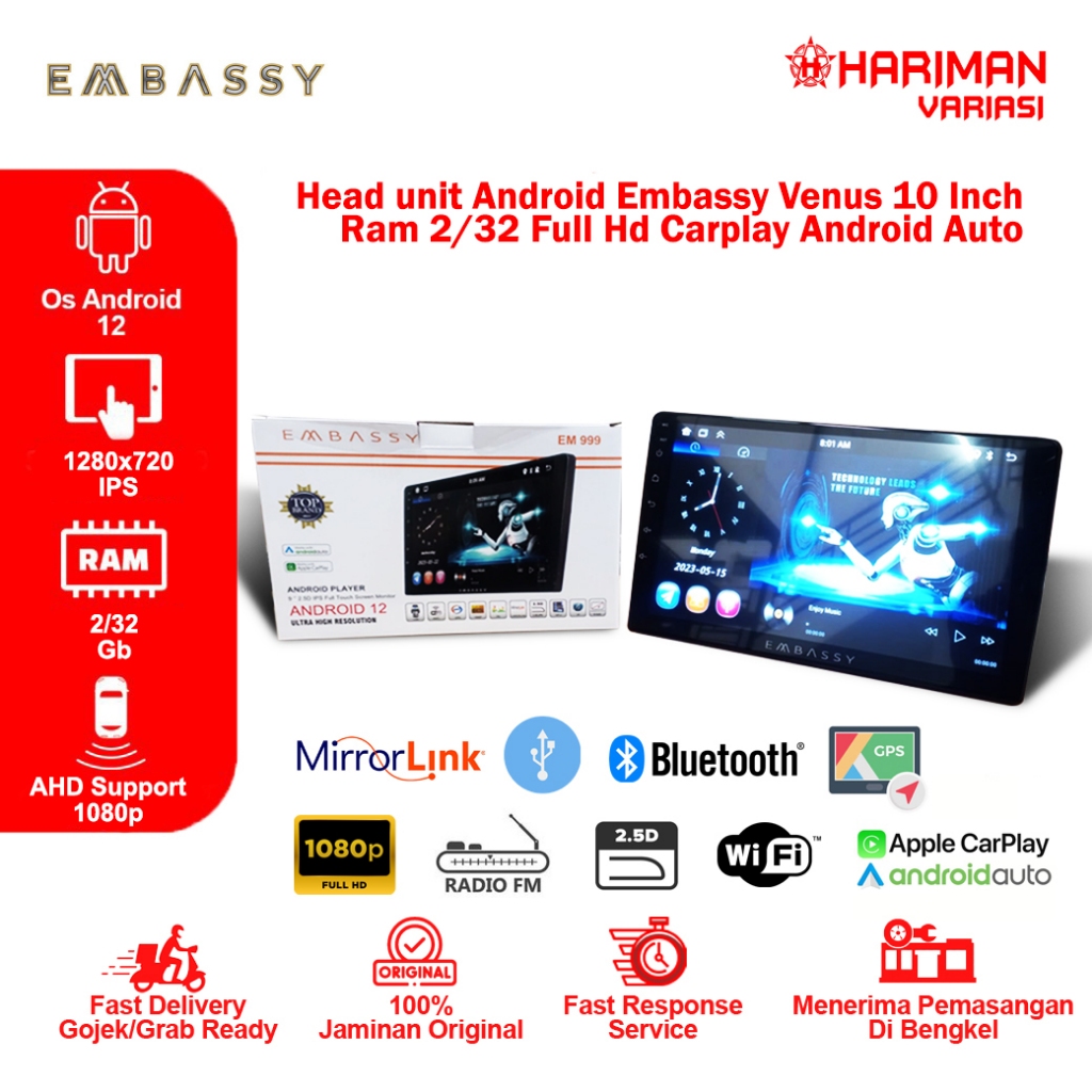 Jual Head Unit Android Embassy Venus 10 Inch Ram 2 32 Full Hd Carplay