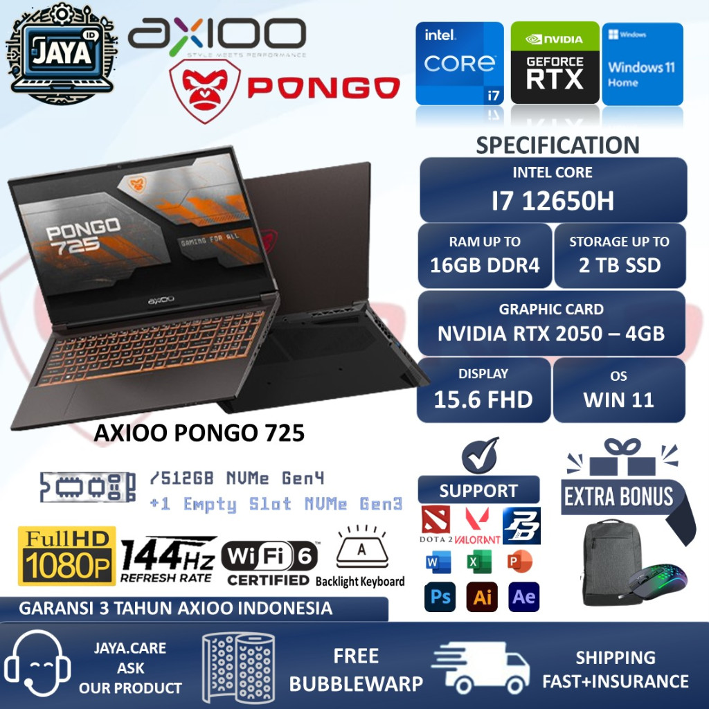 Jual Laptop Gaming Baru Axioo Pongo 725 Core I7 12650H RTX2050 4gb Ram