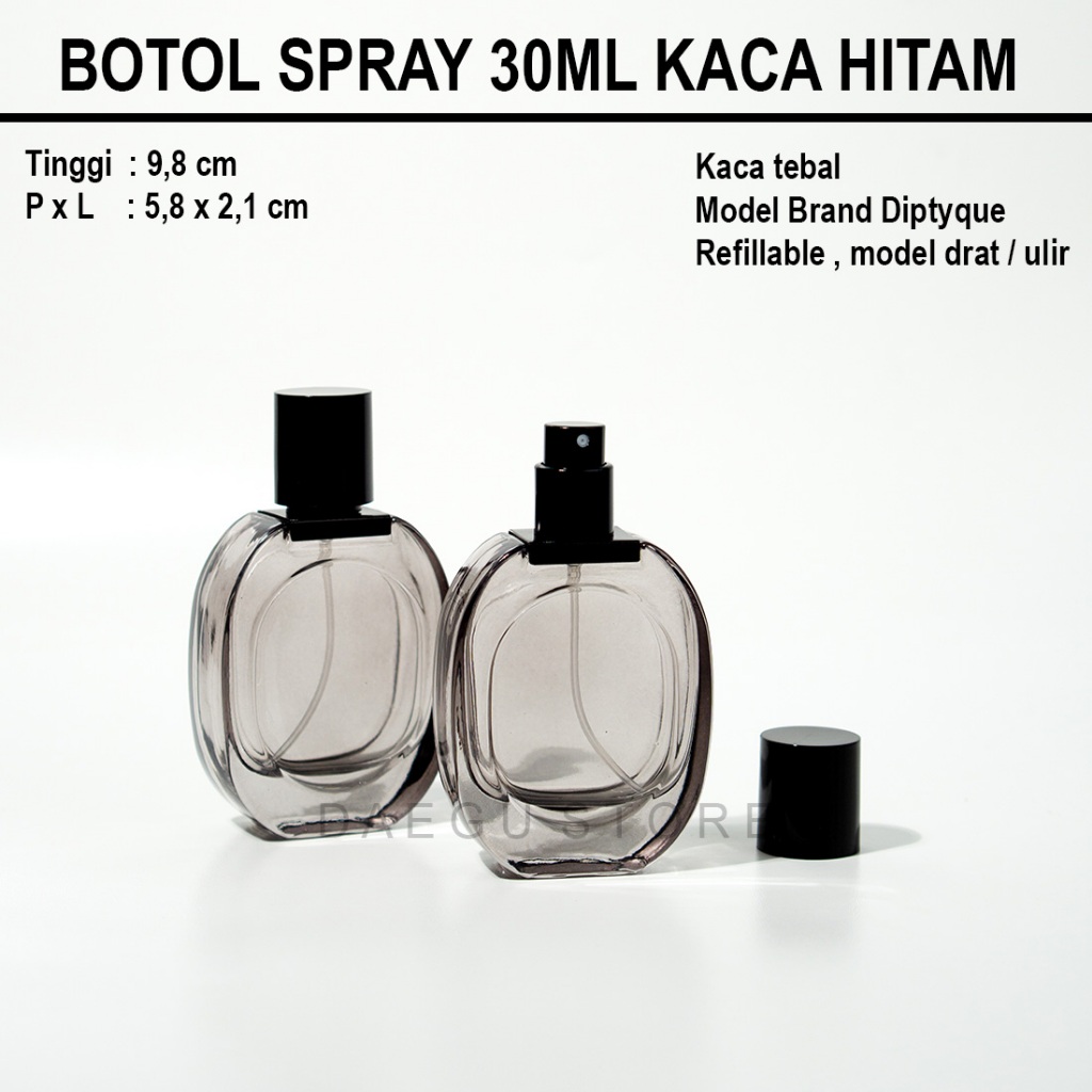 Jual Botol Parfum 30ml Spray Kaca Tebal Hitam Transparan Oval Refill