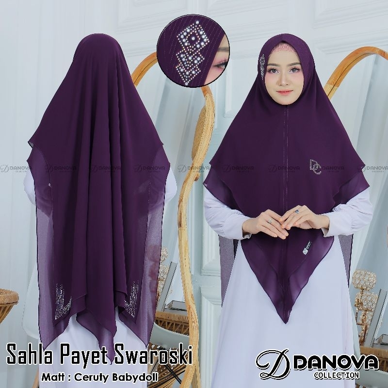 Jual Hijab Khimar Syari 2 Layer Full Payet Swaroski Bahan Ceruty