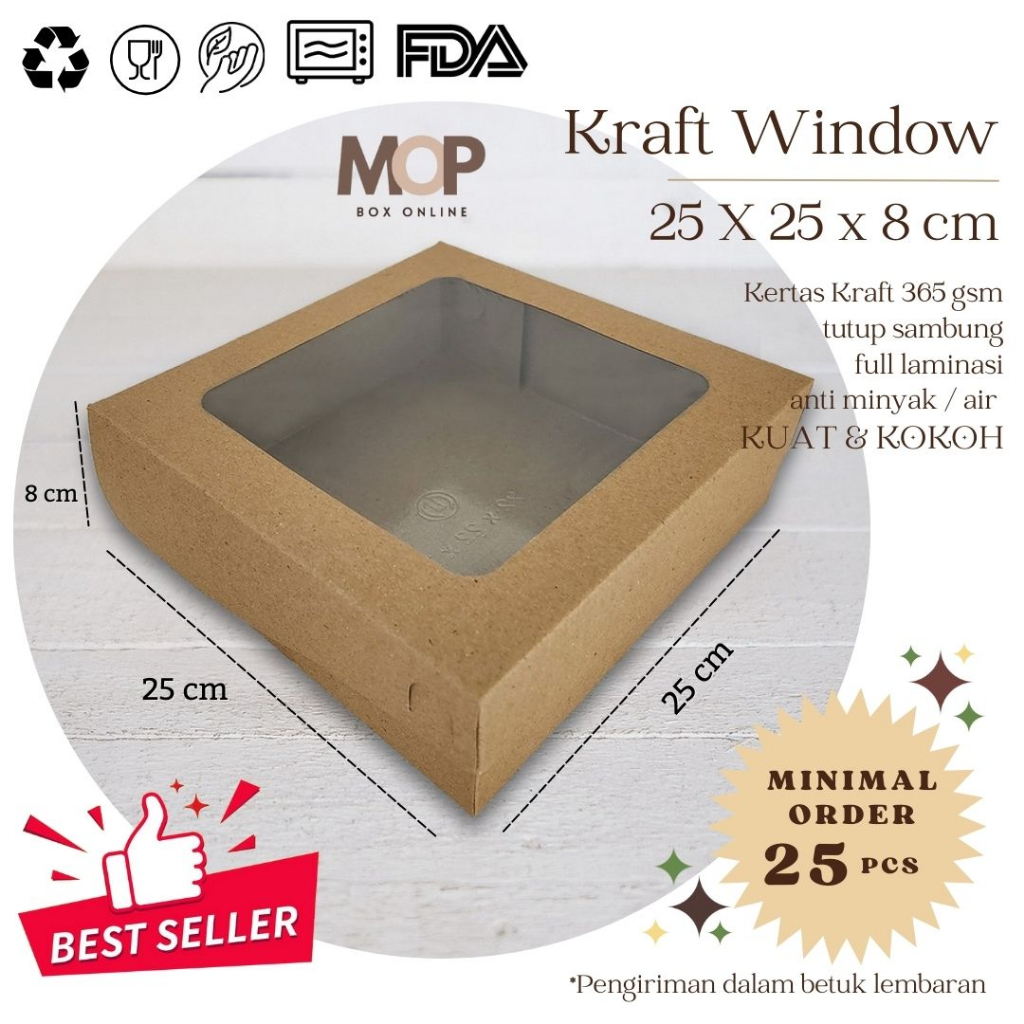 Jual Kotak 25x25x8 Kraft WINDOW Box Tart Nasi Kotak Kue Chifon Cake