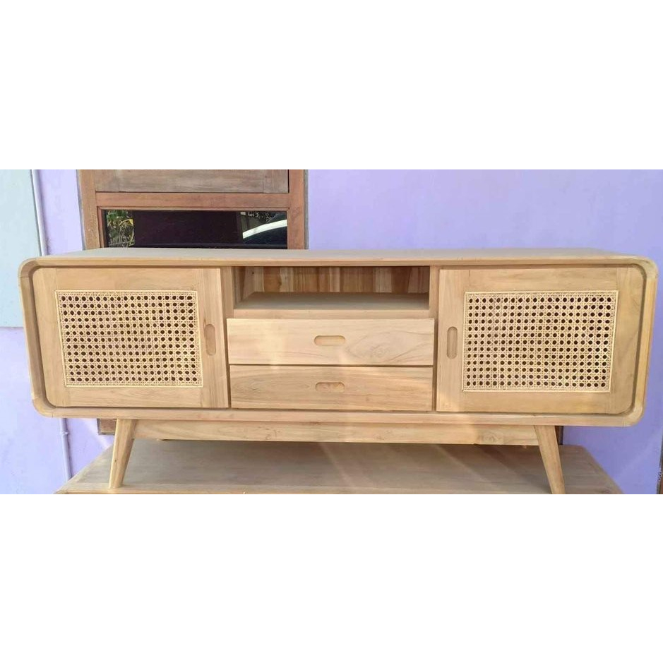 Jual Bufet Tv Minimalis Retro Kayu Jati Jepara Kombinasi Rotan Shopee