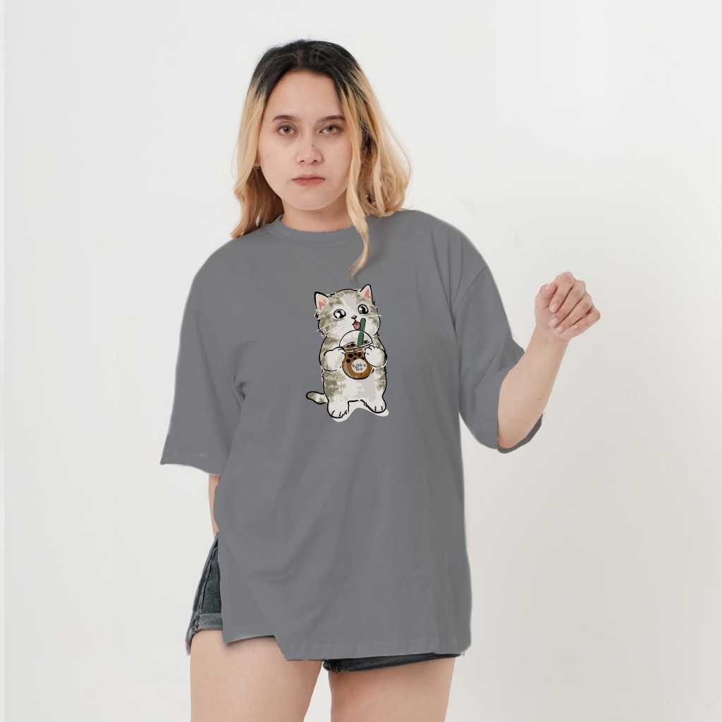 Jual Kaos Oversize Wanita High Slit Belah Samping With Cutes Cat Cotton