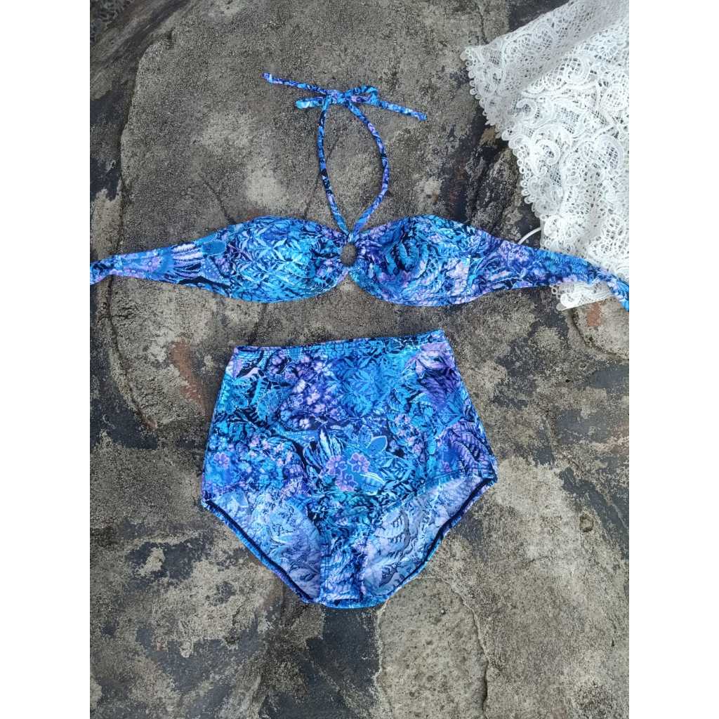 Jual Bk R Motif Biru Bikini Pantai With Foam Panties High Waist