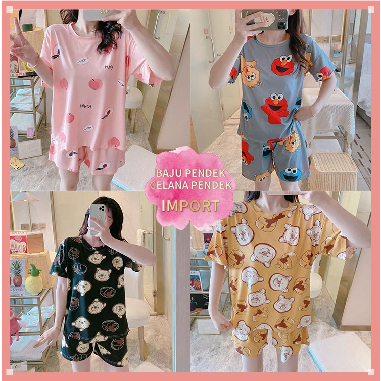 Jual Cod Set Piyama Baju Tidur Wanita Lengan Pendek Import Motif Kartun