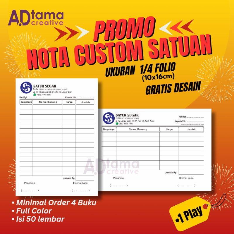 Jual Cetak Nota Custom Kwitansi Satuan Free Desain Ukuran 1 4