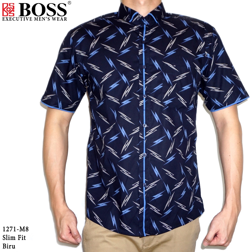 Jual Boss Kemeja Motif Pria Lengan Pendek Regular Fit Slim Fit Shopee