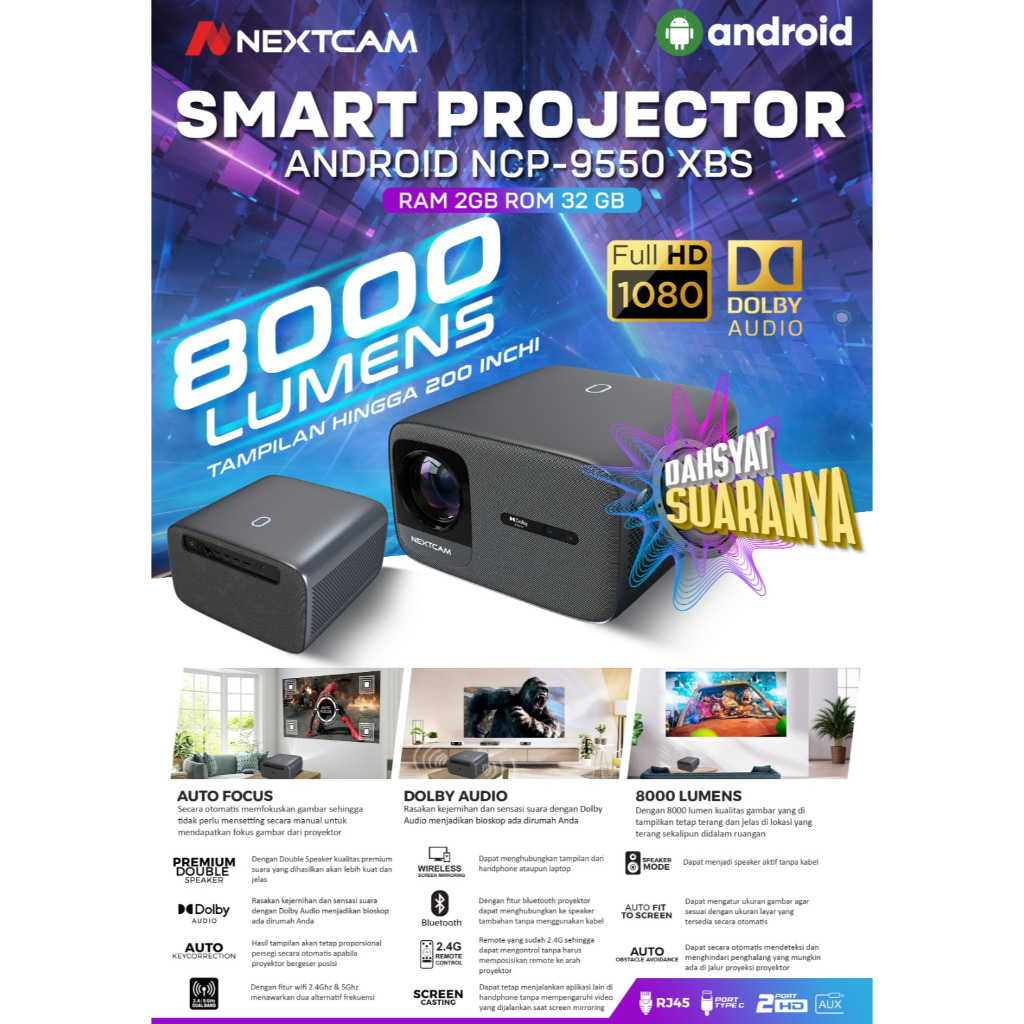 Jual Nextcam Proyektor Smart Android Wifi Dolby Audio 8000lumens Auto