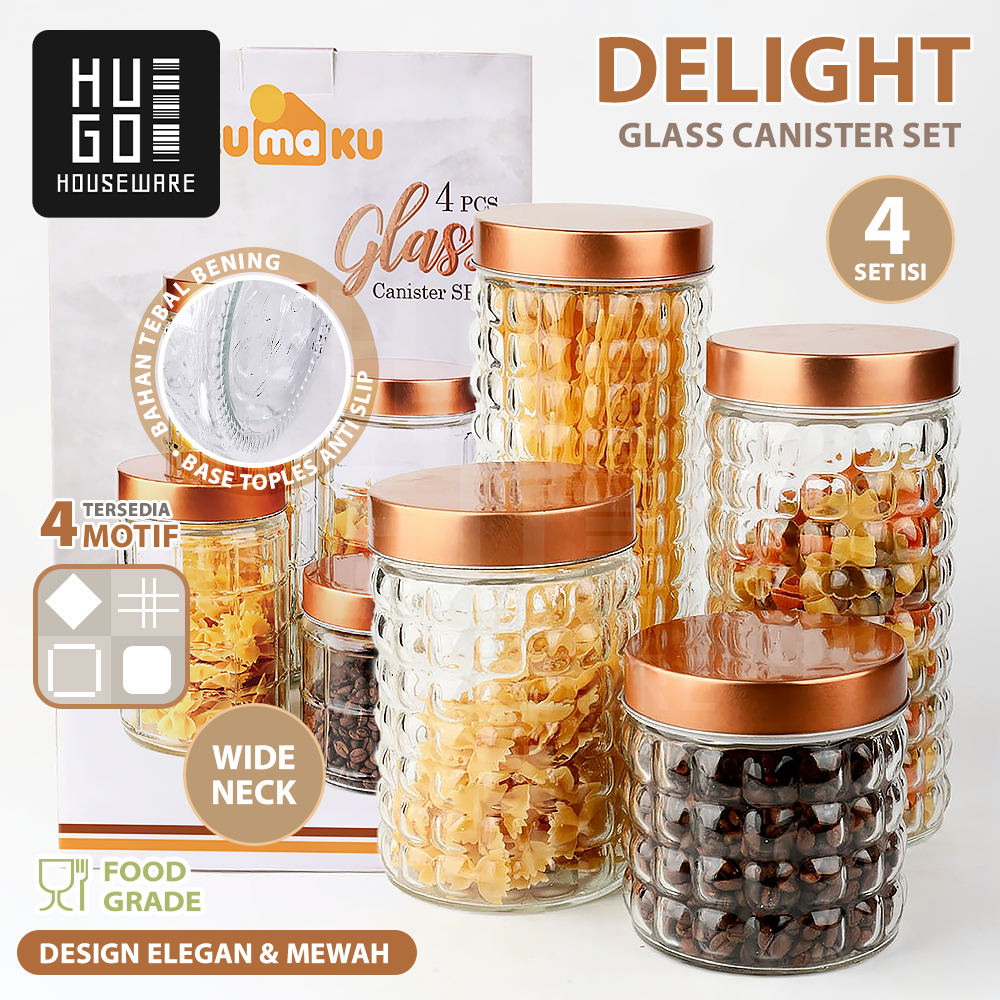 Jual HUGO Toples Lebaran Toples Kaca Set 4 Pcs Tutup Rosegold Toples