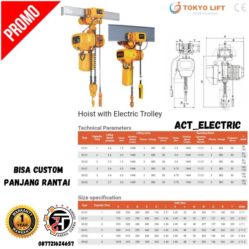 Jual Electric Chain Hoist 2 Ton X 6 Meter 380V With Trolley TOKYO LIFT