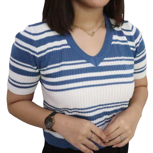 Jual Atasan Vneck Salur Wanita Kaos V Neck Rajut Lengan Pendek Style