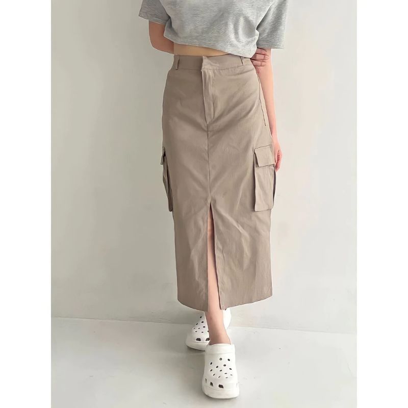 Jual Rok Cargo Wanita Belah Tengah Rok Cargo Twill Combed Korean