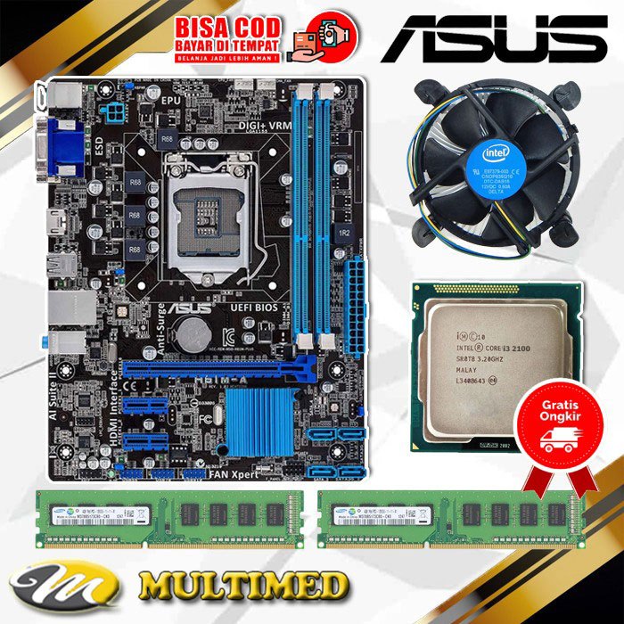 Jual Paketan Mainboard H61 LGA 1155 DDR3 Processor Core I3 2100 FAN