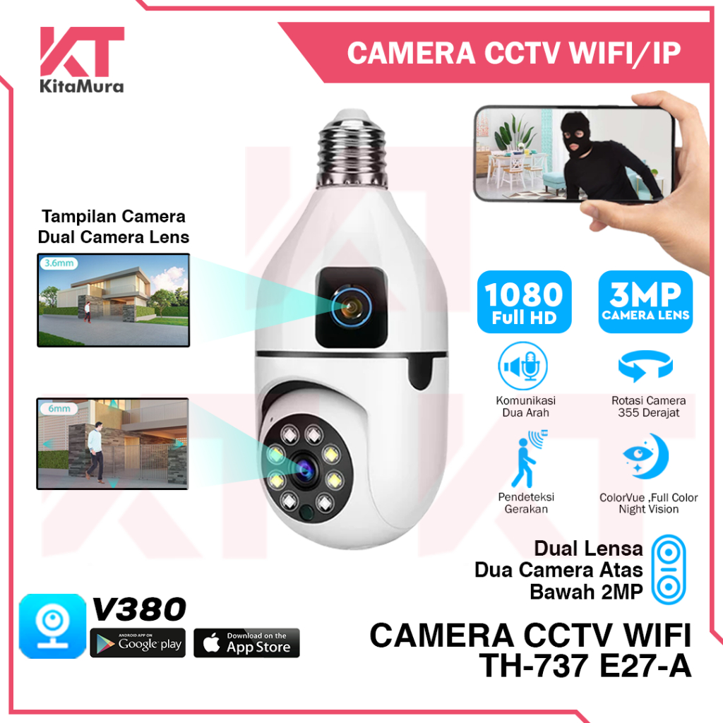 Jual CAM PTZ BOHLAM V380 TH 737 E27 A DOUBLE LENS Camera V380 Pro