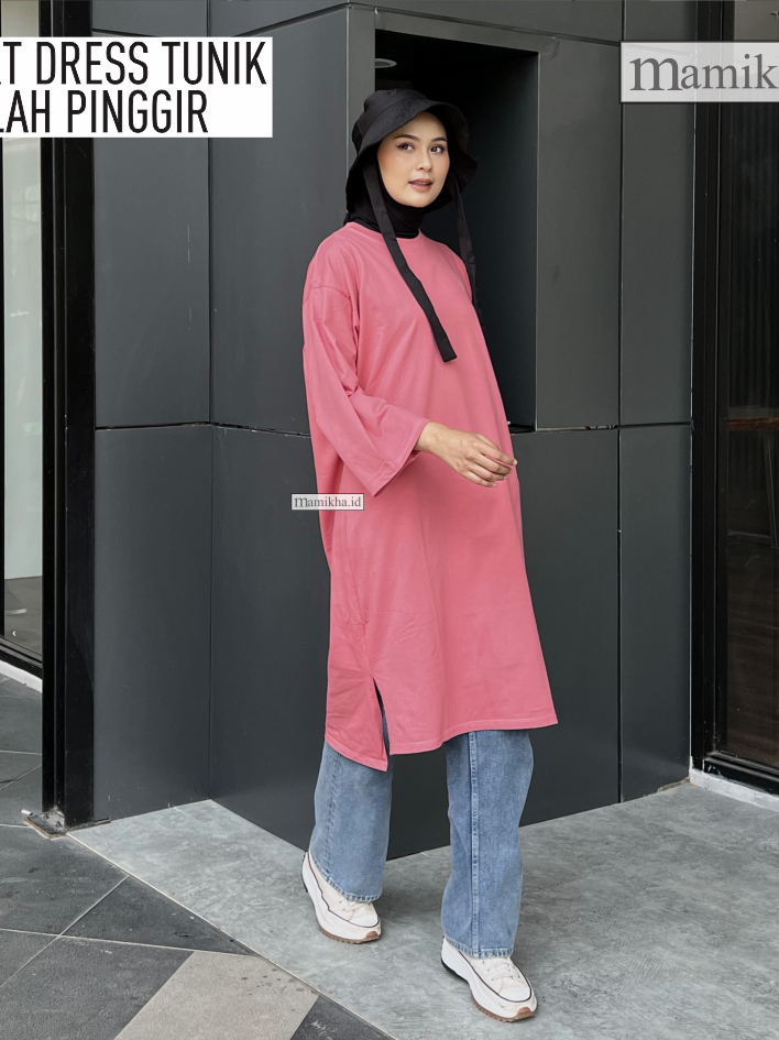 Jual Kaos Polos Wanita Tunik Midi Long Dress Baju Muslim Oversize Belah