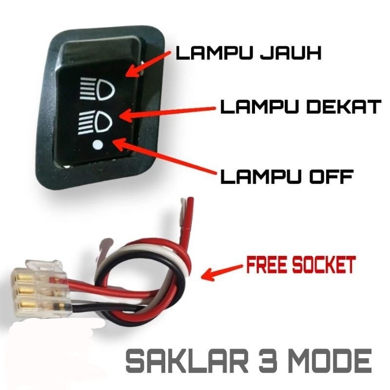 Jual SAKLAR LAMPU TOMBOL DIM 3 TITIK PLUS SOCKET 3 PIN MODE HI LO OFF