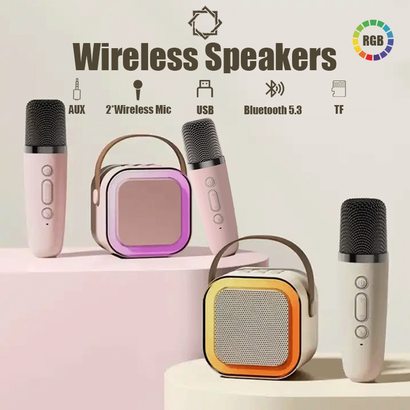 Jual Karaoke Speaker Wireless Bluetooth 2 Mic 1 Set Mini Portabel Lucu