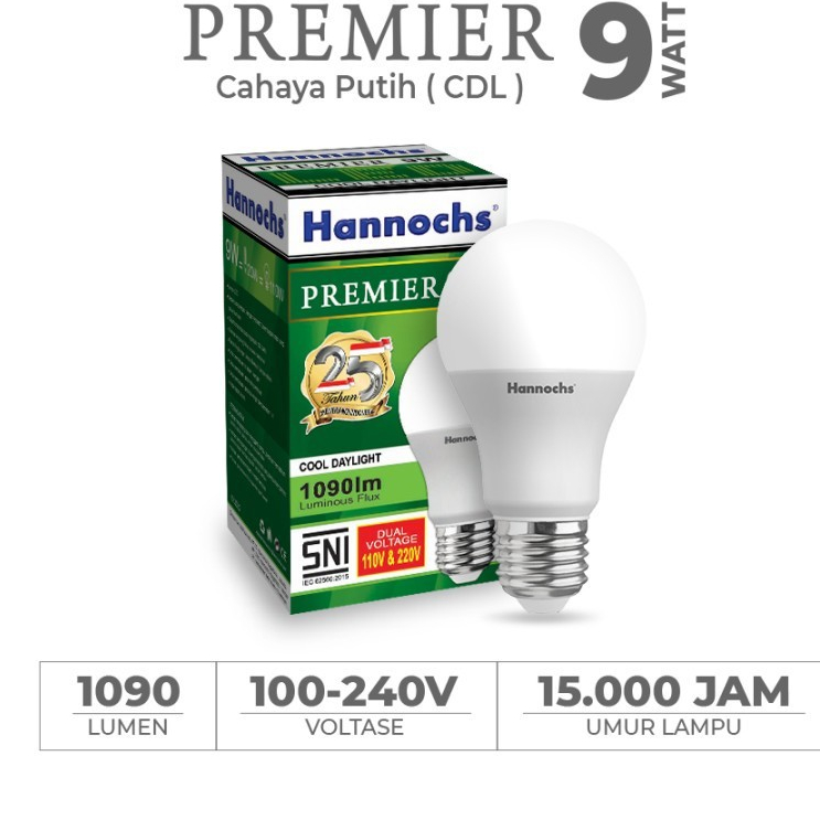 Jual Lampu Bohlam LED Hannochs Premier 9 Watt Cahaya Putih SNI Original