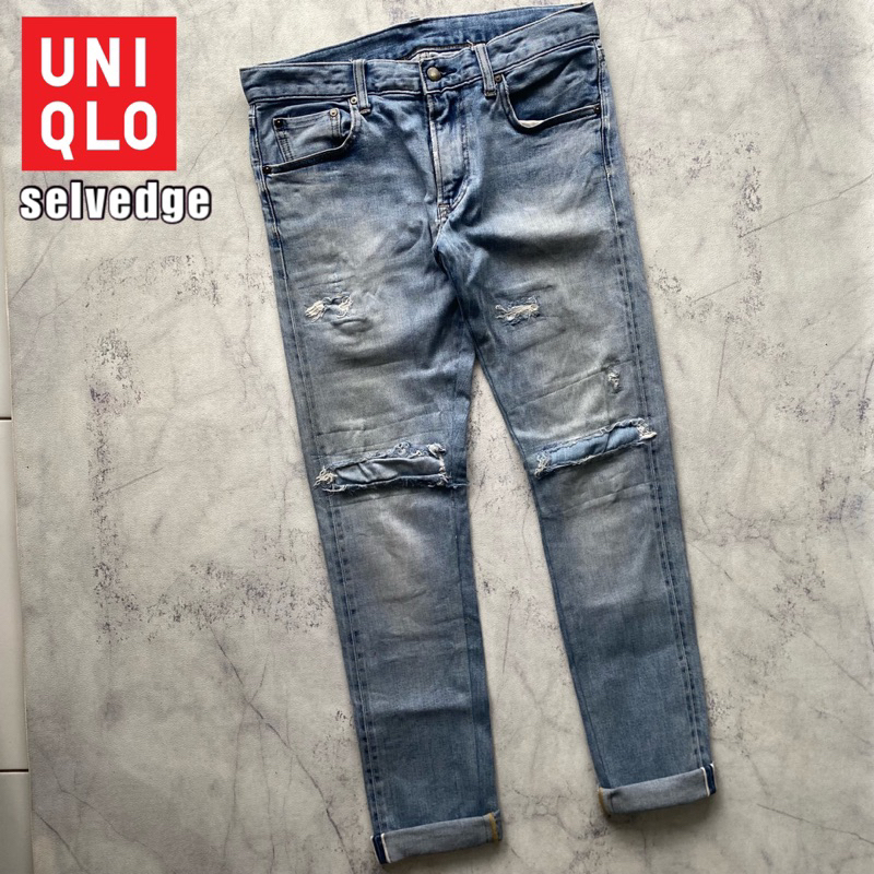 Jual Celana Denim Jeans Uniqlo Men Selvedge Ripped Reworks Shopee