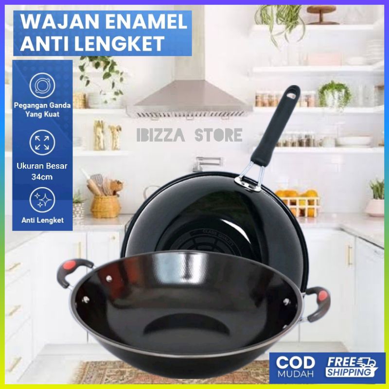 Jual Wajan Enamel Panci Cm Hitam Kuping Gagang Panjang Wajan Anti