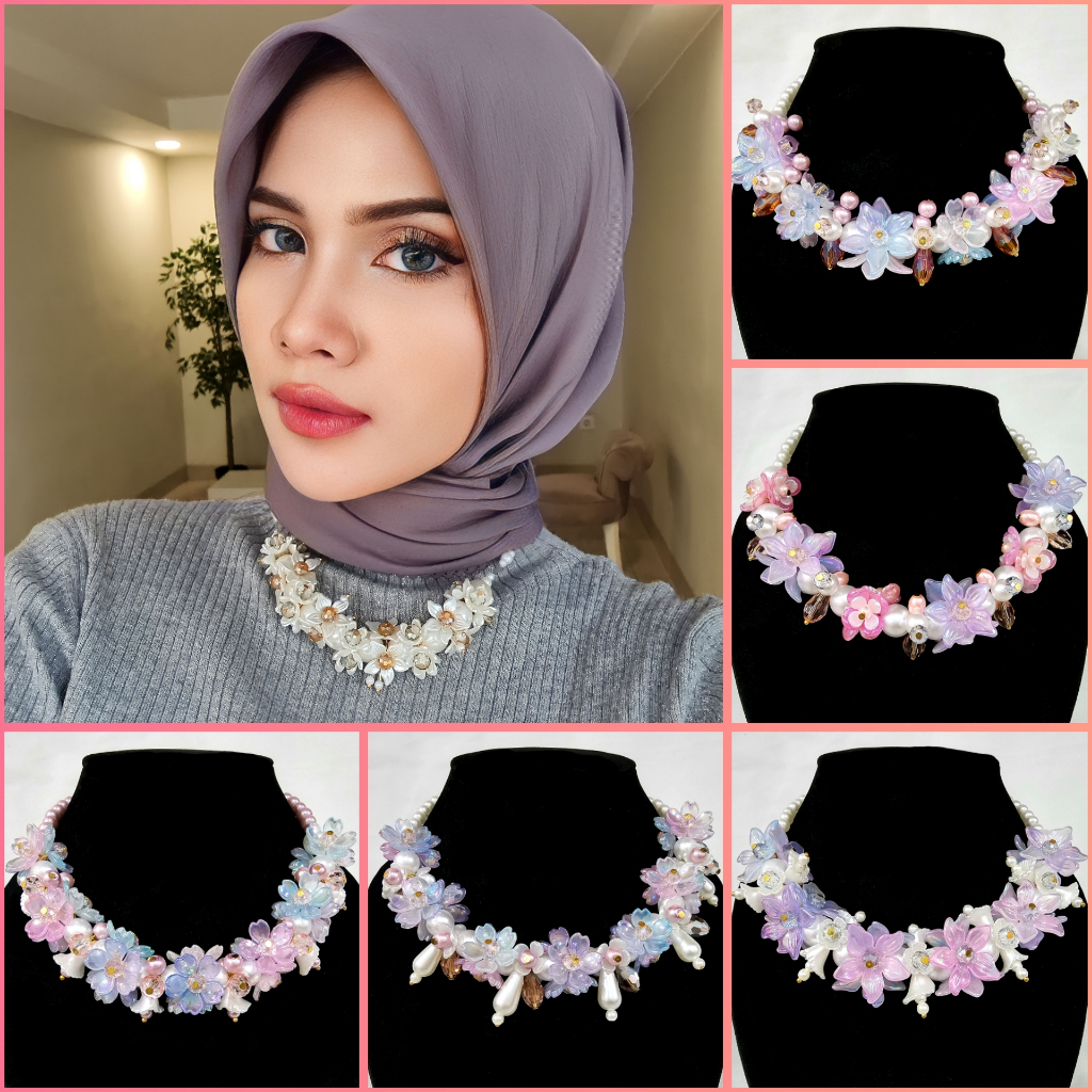 Jual Kalung Hijab Beads Necklace Crystal Kalung Kondangan Kelopak Bunga