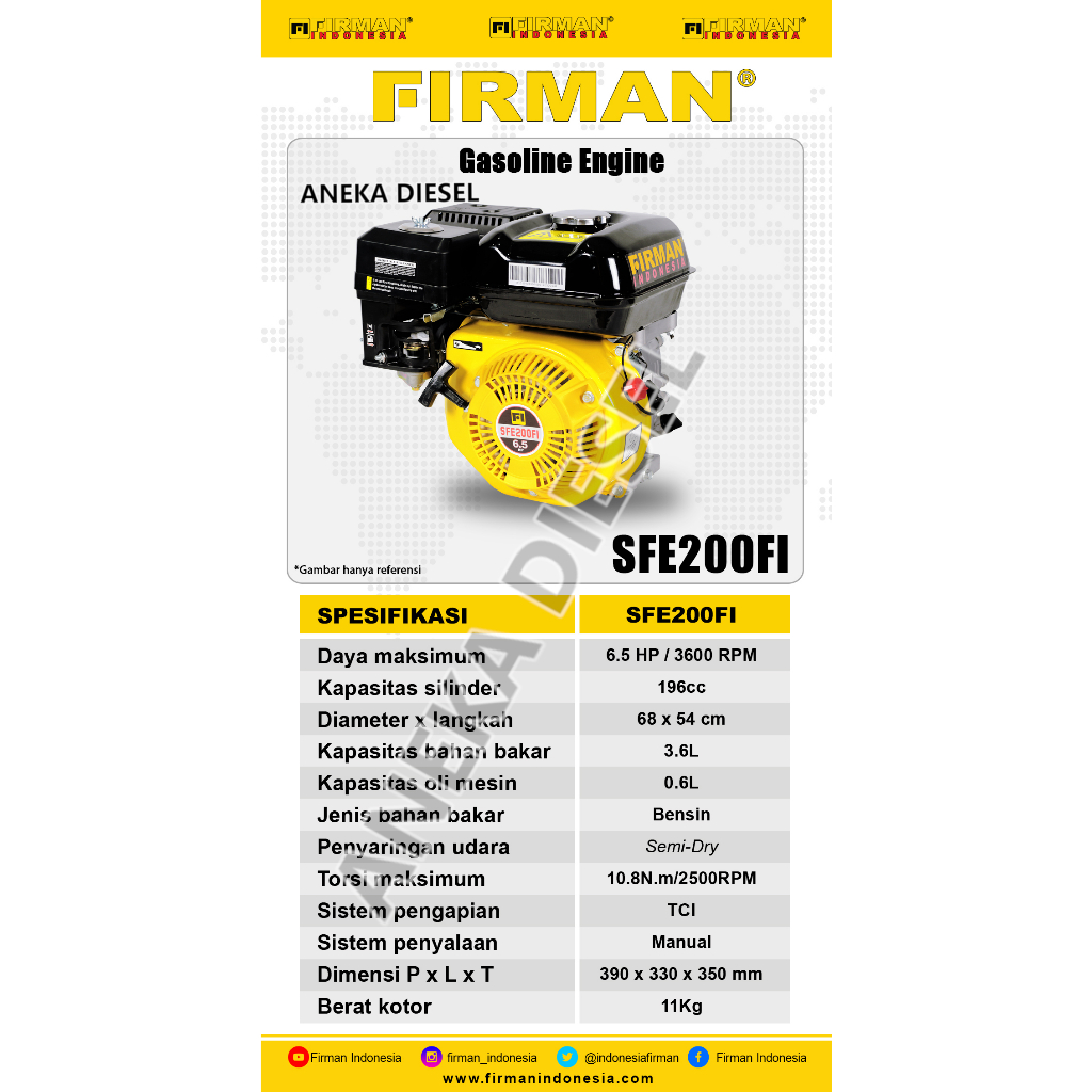 Jual Mesin Penggerak Bensin 6 5HP FIRMAN SFE 200FI Gasoline Engine 6