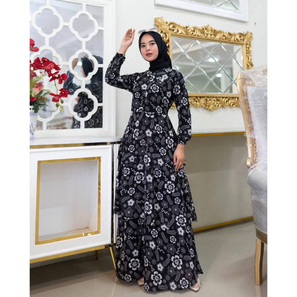 Jual PB Prilly Busana SEINA GAMIS MALAYSIA MOTIF REMPEL 3 TINGKAT