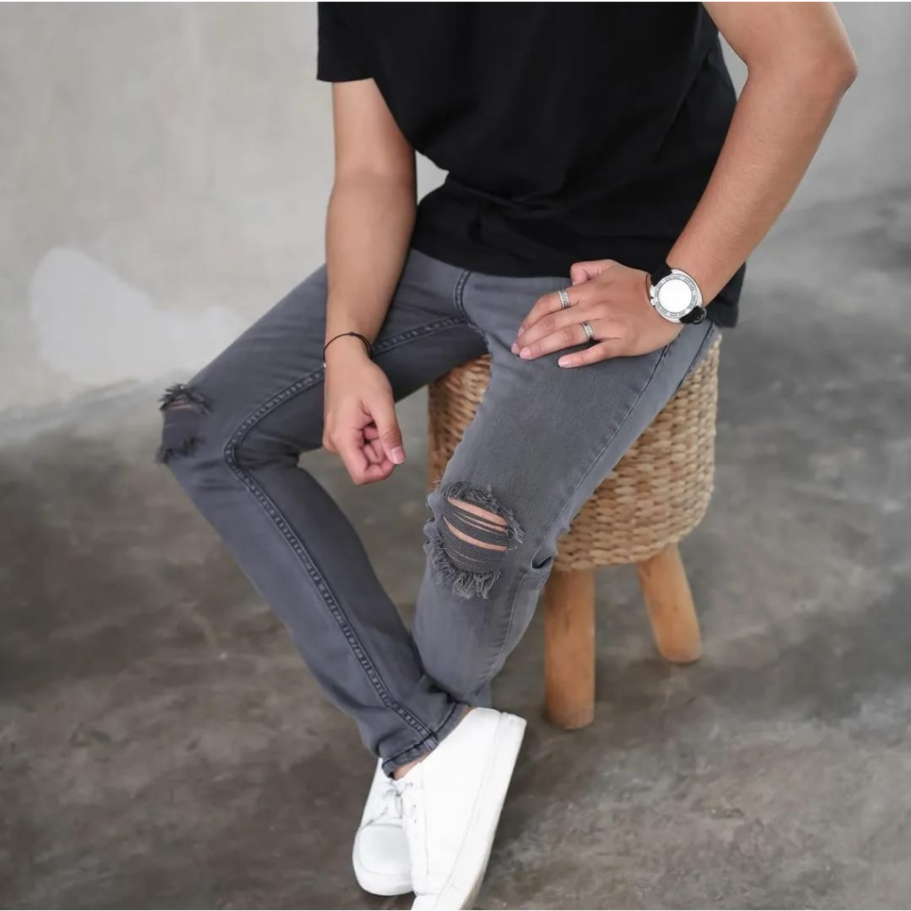 Jual Celana Jeans Ripped Abu Sobek Lutut Pria Model Slim Fit Shopee