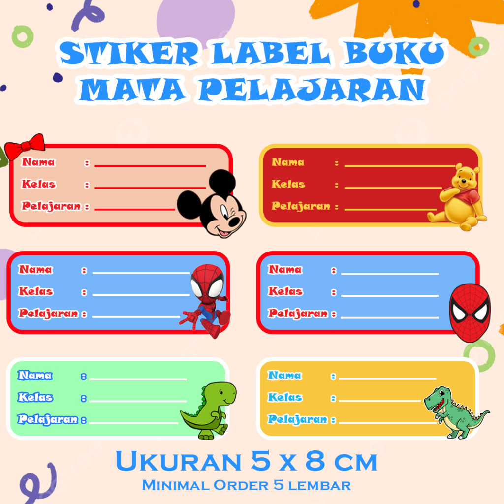 Jual Sticker Nama Buku Sekolah Custom Karakter Minimal Order Lembar