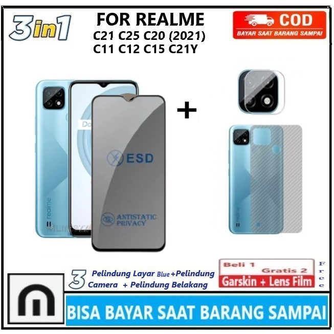 Jual Paket 3in1 Tempered Glass Anti Spy Realme C21 C25 C25s C25Y C21Y