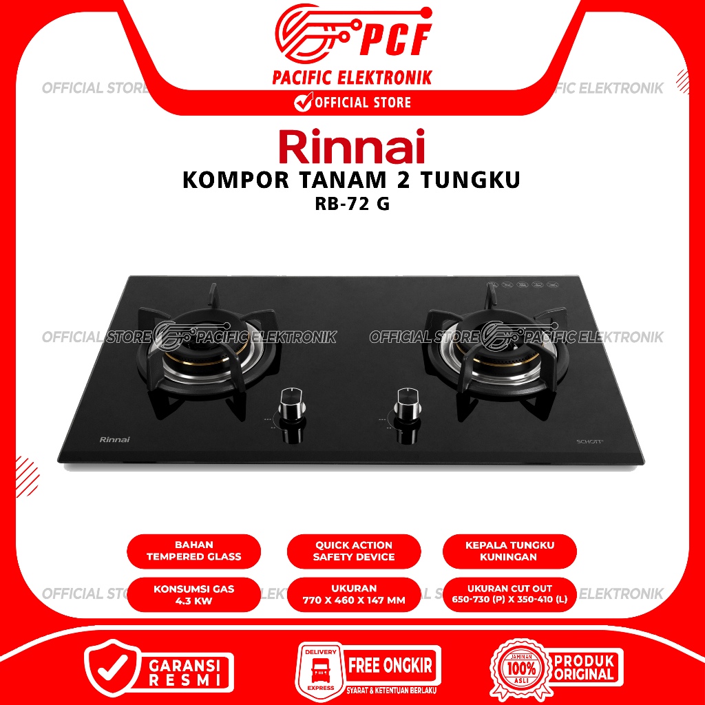 Jual Kompor Gas Tanam Rinnai Kaca 2 Tungku RB 72G 72G Shopee Indonesia