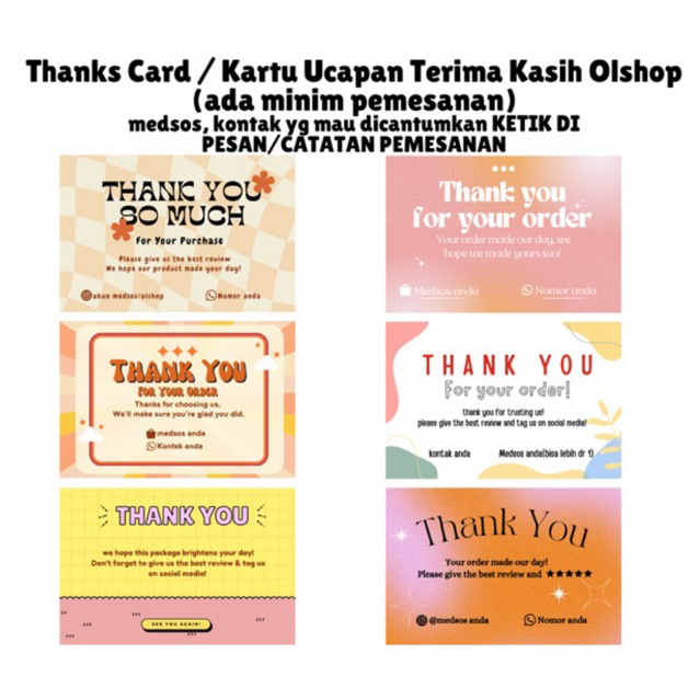 Jual THANKS CARD KARTU UCAPAN TERIMA KASIH KARTU OLSHOP GREETING