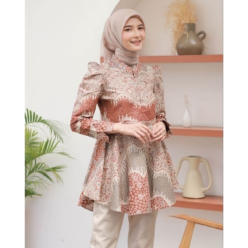 Jual Atasan Batik Wanita Blouse Batik Puffy Peplum Blus Maharani Batik