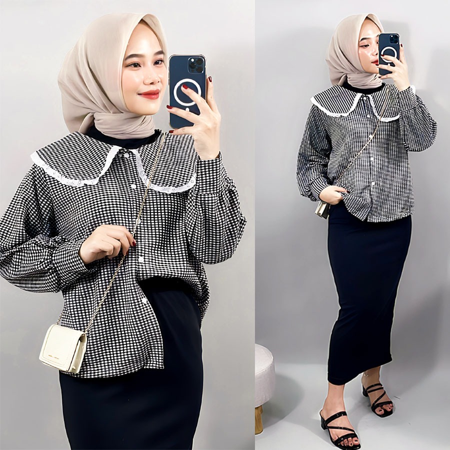 Jual CARLINA Rania Blouse Kotak Mix Renda Bordir Kerah Kemeja Wanita