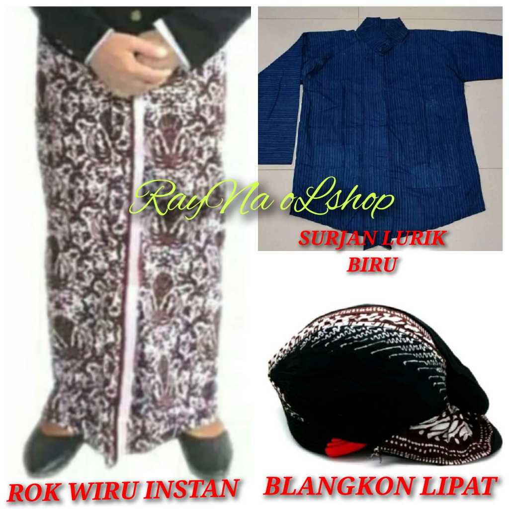 Jual Paketan Lengkap Baju Adat Jawa Pria Surjan Lurik Biru Rok Batik