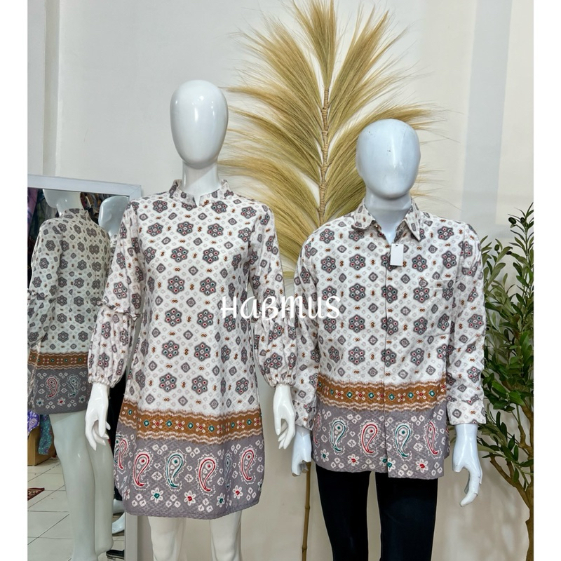 Jual Couple Tunik Kemeja Kerja Jumputan Palembang Motif Titik Tujuh