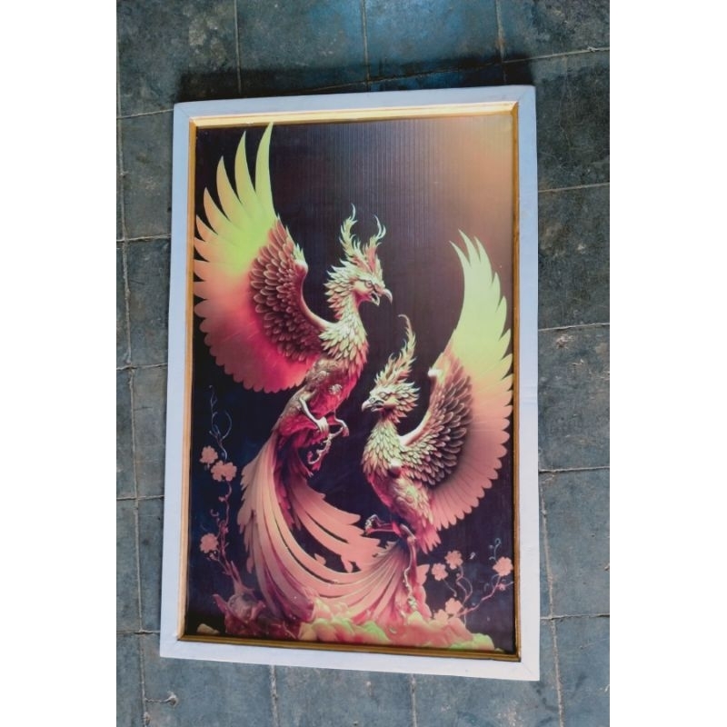 Jual Hiasan Dinding Lukisan Cetak Burung Phoenix Merah Plus Figura