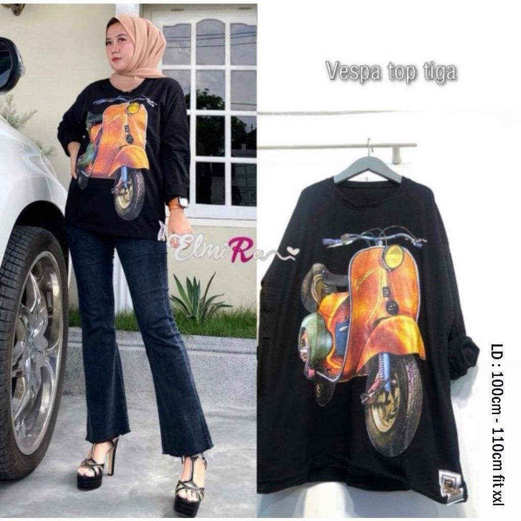 Jual KAOS WANITA LENGAN PANJANG SWEATER MOTIF VESPA KUNO WAY BAJU