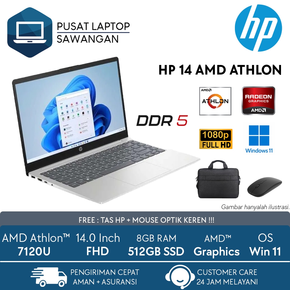 Jual Laptop Murah HP 14 AMD Athlon Silver 7120u 8gb 512gb Ssd FHD Win