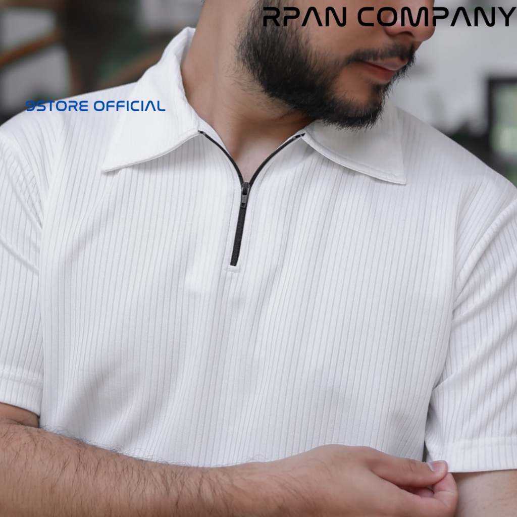 Jual Polo Shirt Zipper Pria Kaos Polo Knit Motif Salur Kecil Tangan