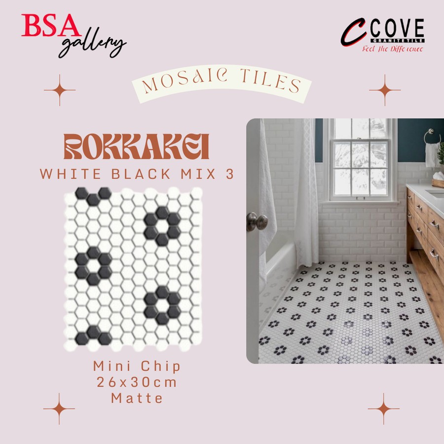 Jual MOSAIC TILES HEXAGON HITAM PUTIH KERAMIK MOZAIK BLACK WHITE