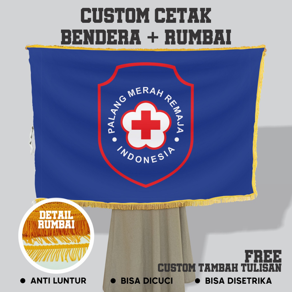 Jual Bendera Ruangan Patakan Logo PMR Biru Bolak Balik 2 Sisi Plus