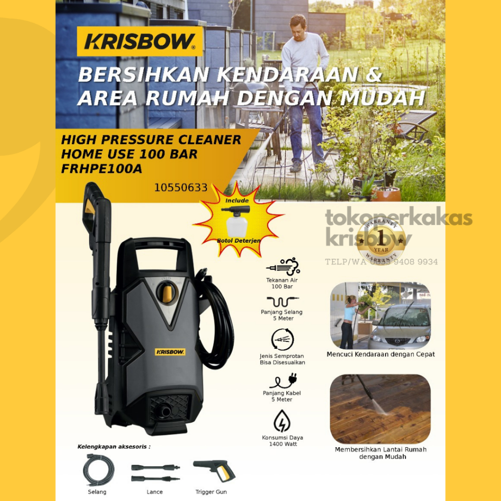 Jual Krisbow High Pressure Cleaner 100 Bar 1400W Mesin Steam Jet