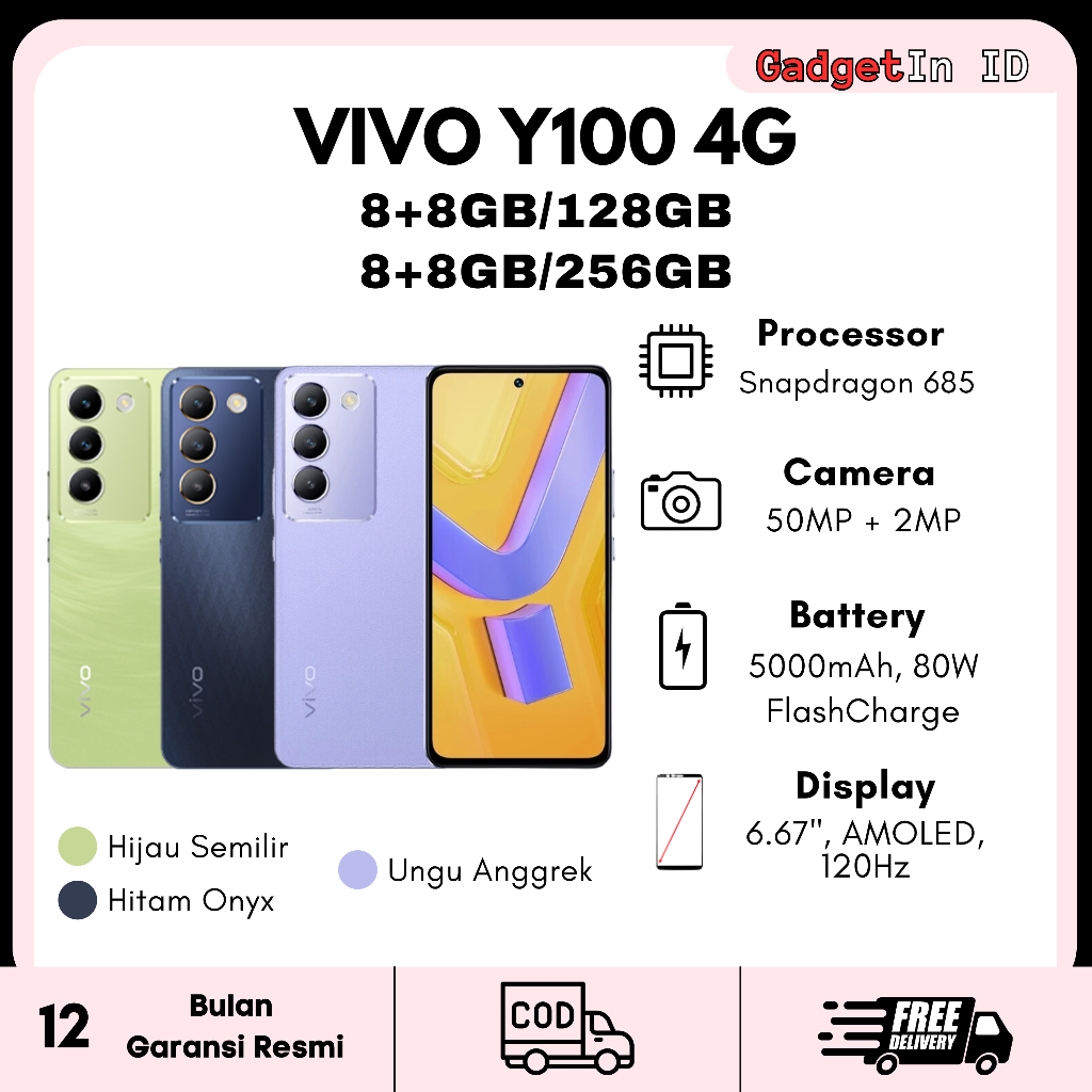 Jual Vivo Y100 4G 8 128GB 8 256GB 80W FlashCharge NFC Garansi Resmi