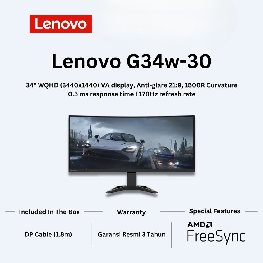 Jual Monitor LED Lenovo G34W 30 Gaming Ultrawide Curved WQHD 170Hz 34