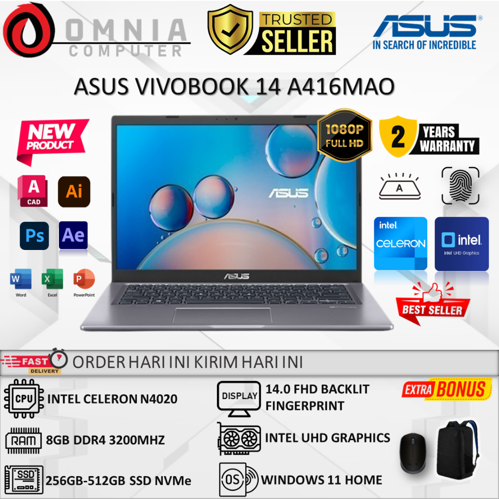 Jual Laptop Asus Vivobook 14 A416MAO Intel Celeron N4020 8GB 512GB SSD